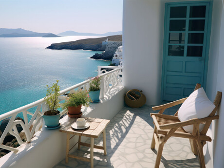 Gemütlicher Balkon eines Apartments mit Blick auf das Meer