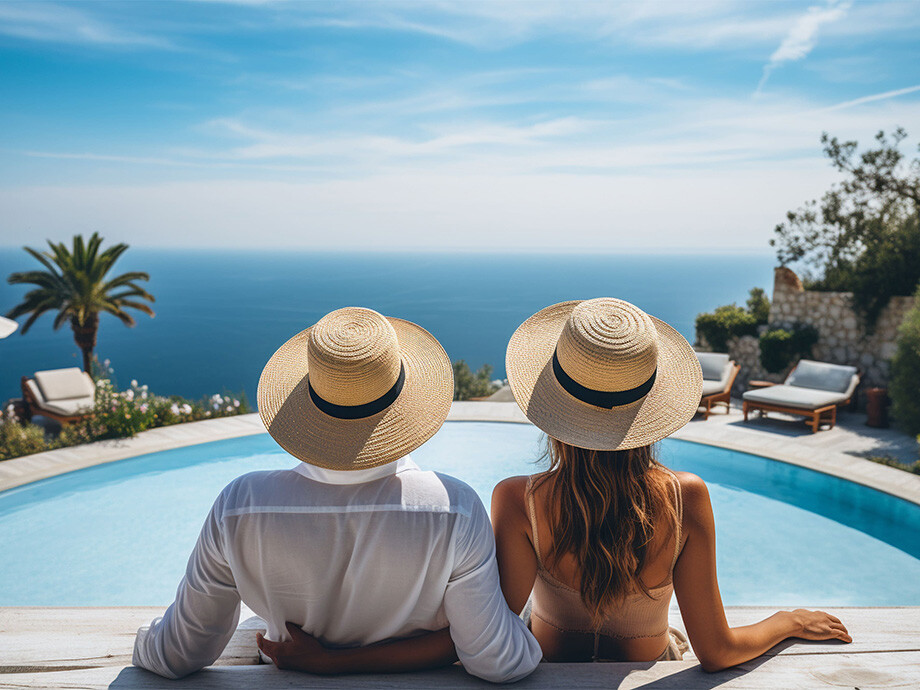 Mann und Frau mit Stohhüten sitzen am Pool und genießen das Leben in Griechenland