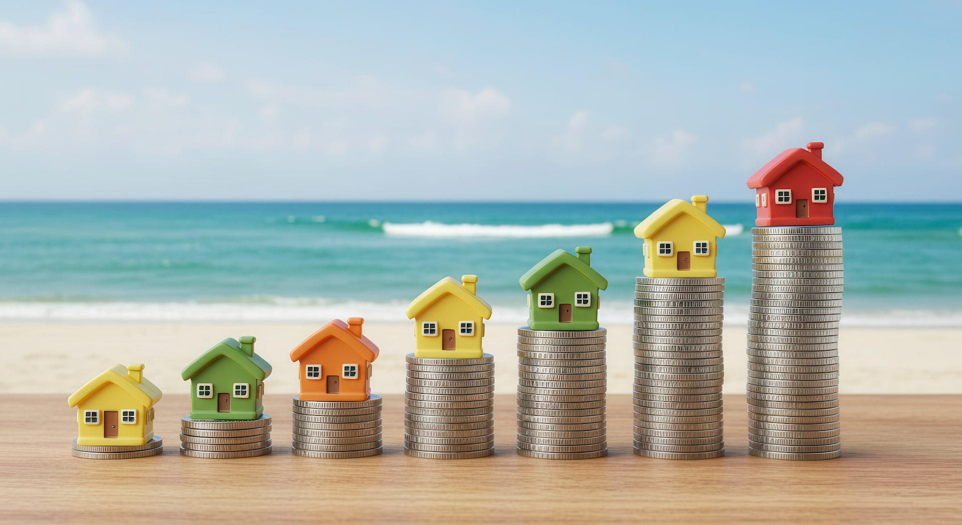 Hausmodelle auf Münzstapeln vor Strand und Meer