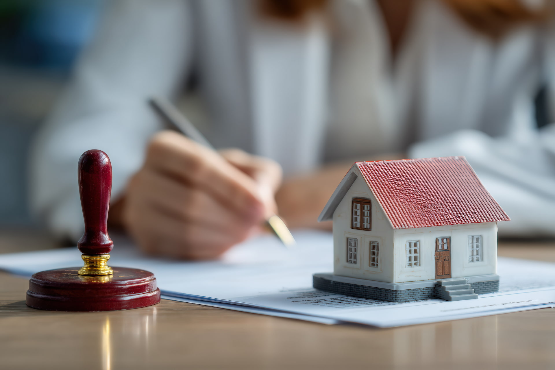 Person unterschreibt Dokumente am Tisch mit Hausmodell und Stempel