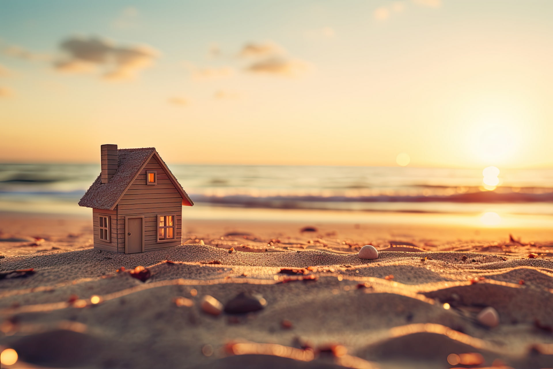 Modellhaus am Strand bei Sonnenuntergang, Meer im Hintergrund