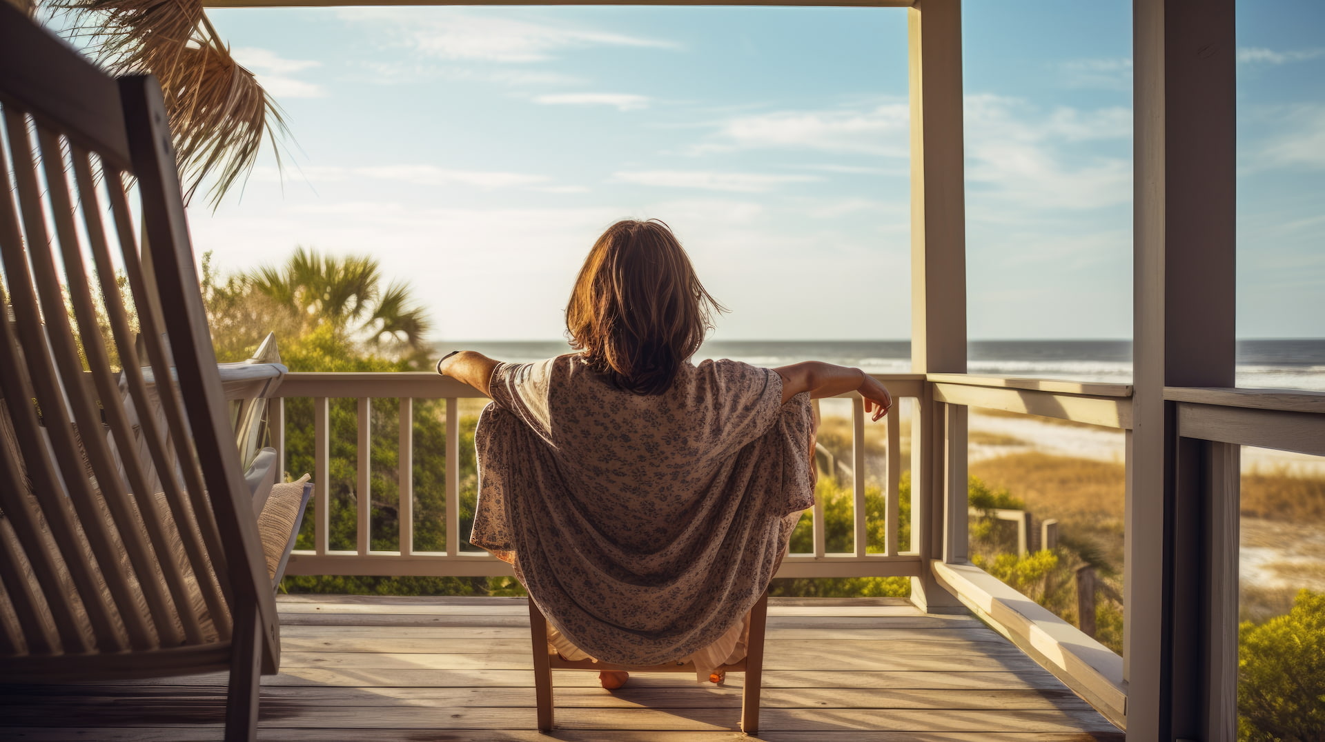 Person auf Veranda mit Blick aufs Meer an einem sonnigen Tag