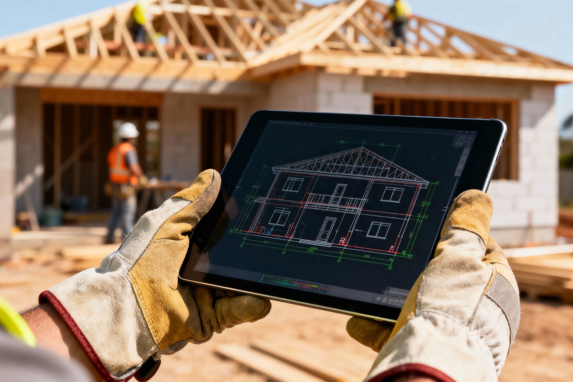 Baustelle, ein Handwerker hält eine digitale Hausplanung auf einem Tablet in der Hand