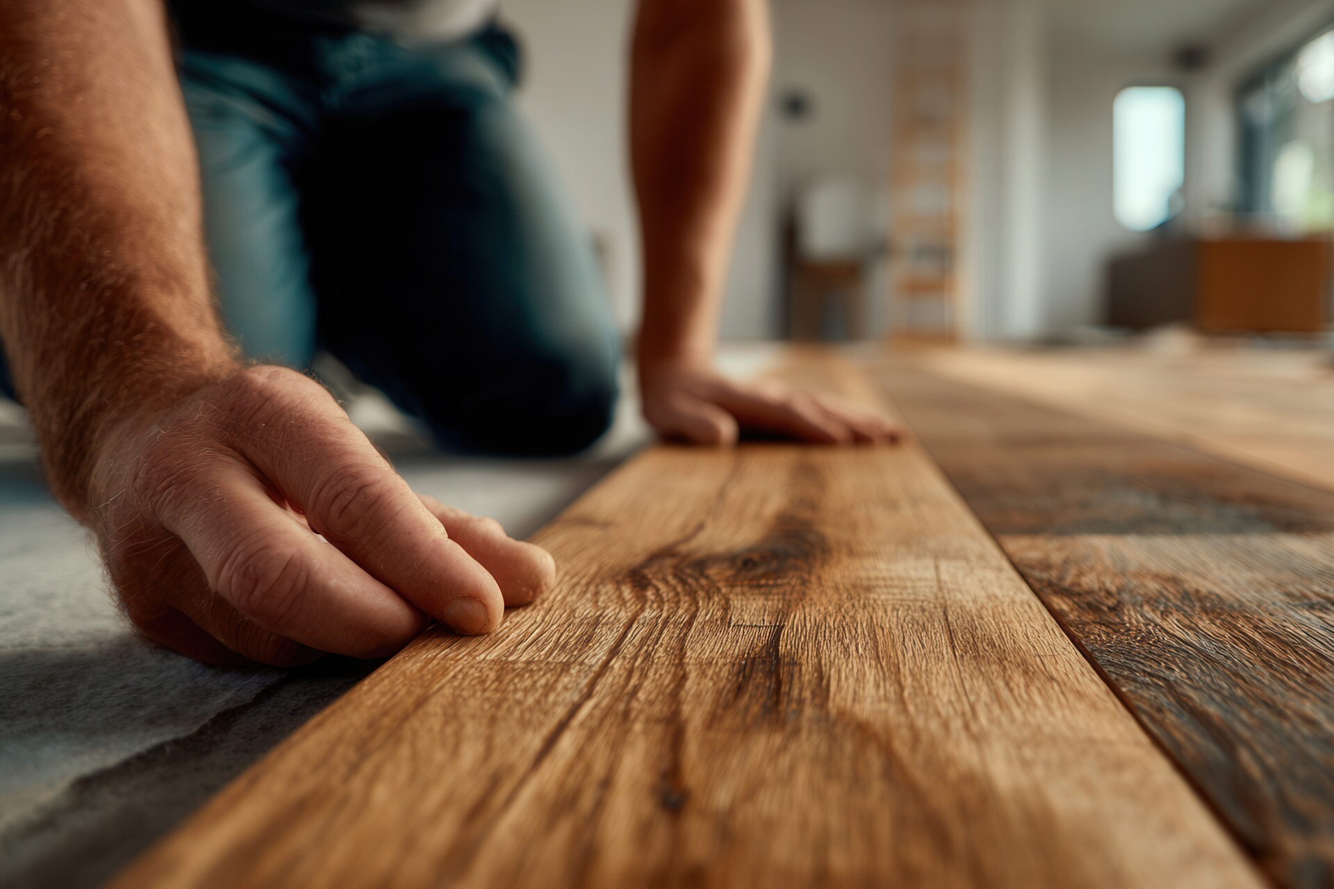 Ein Handwerker verlegt Holzboden