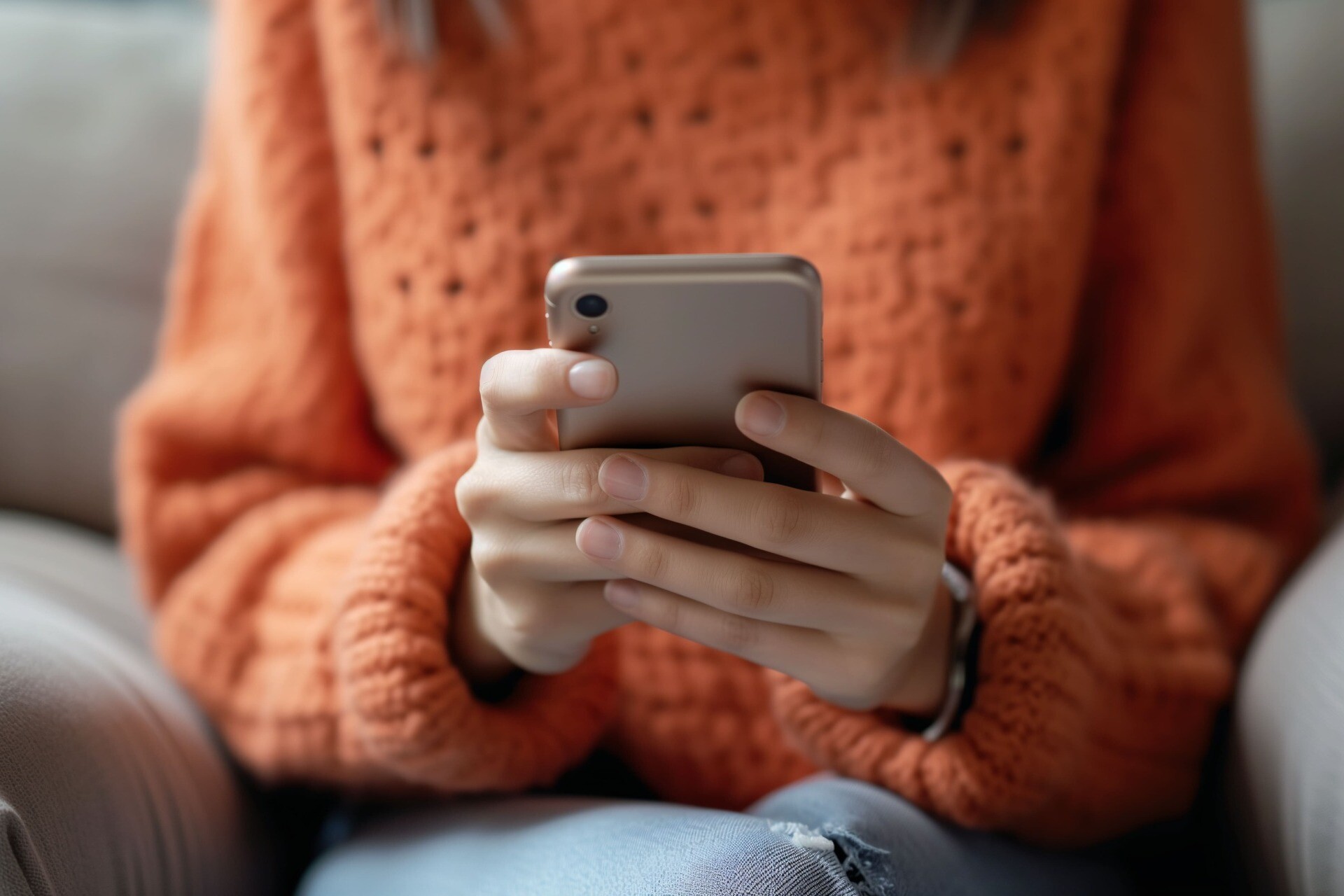 Junge Frau schaut auf ihr Handy