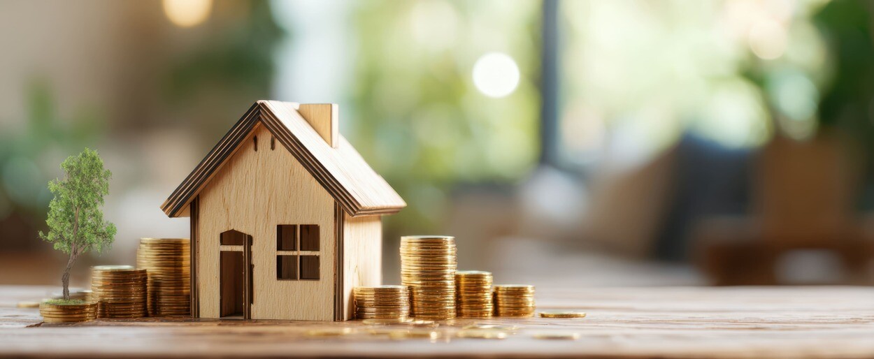 Miniatur-Haus mit Münzen