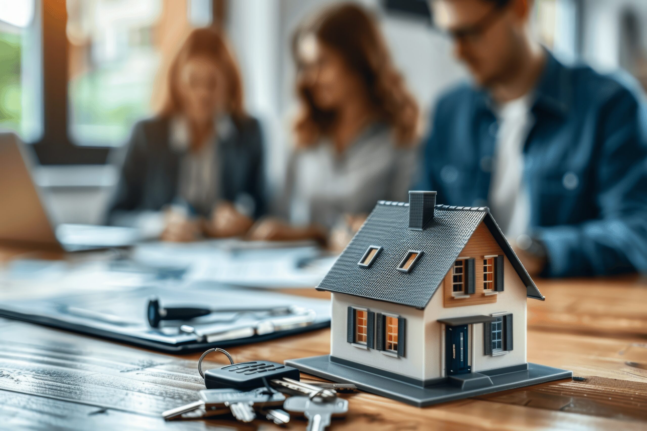 Modellhaus im Vordergrund, im Hintergrund sitzen drei Personen