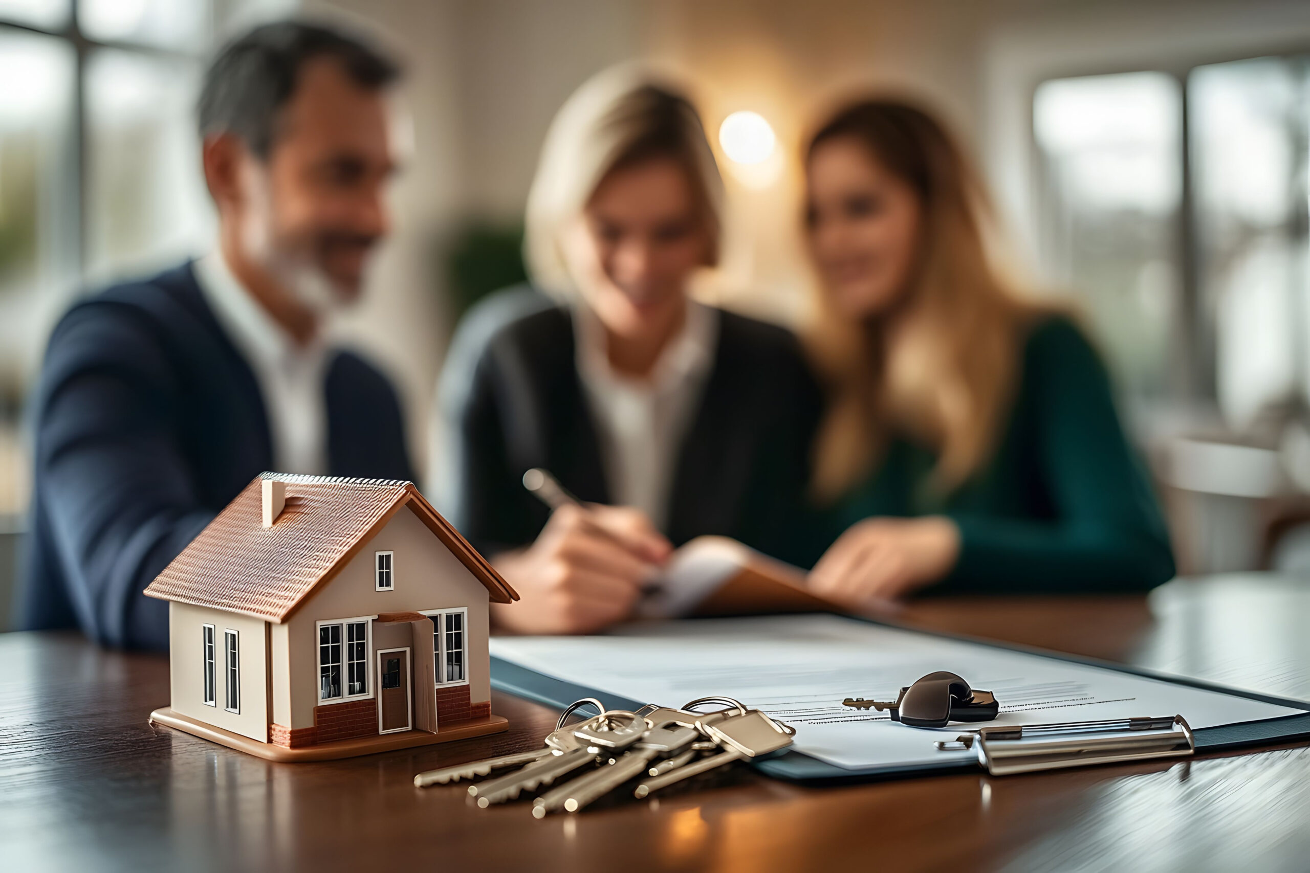 Modellhaus im Vordergrund, im Hintergrund sitzen drei Personen