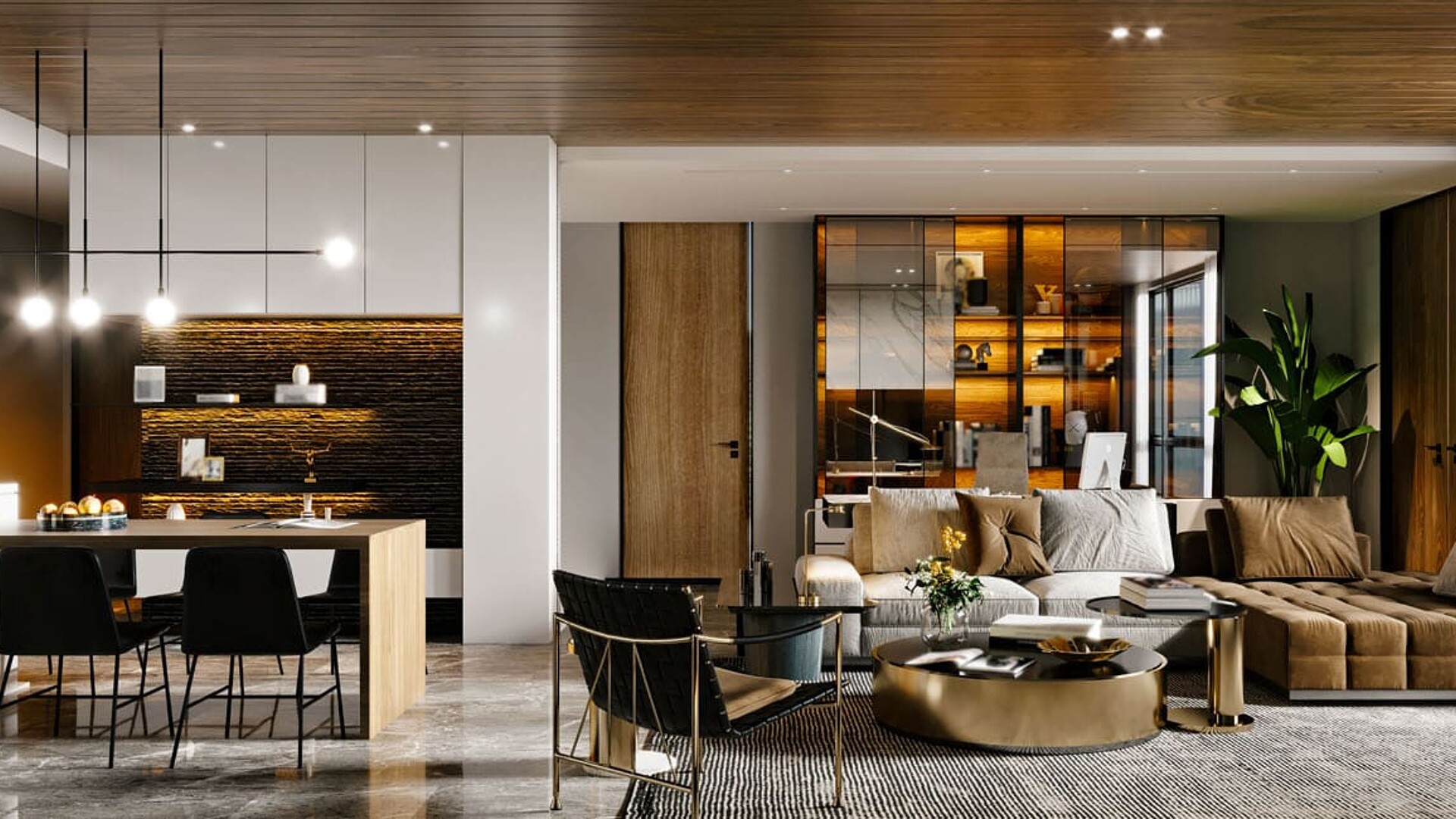 Moderne offene Küche und Wohnzimmer