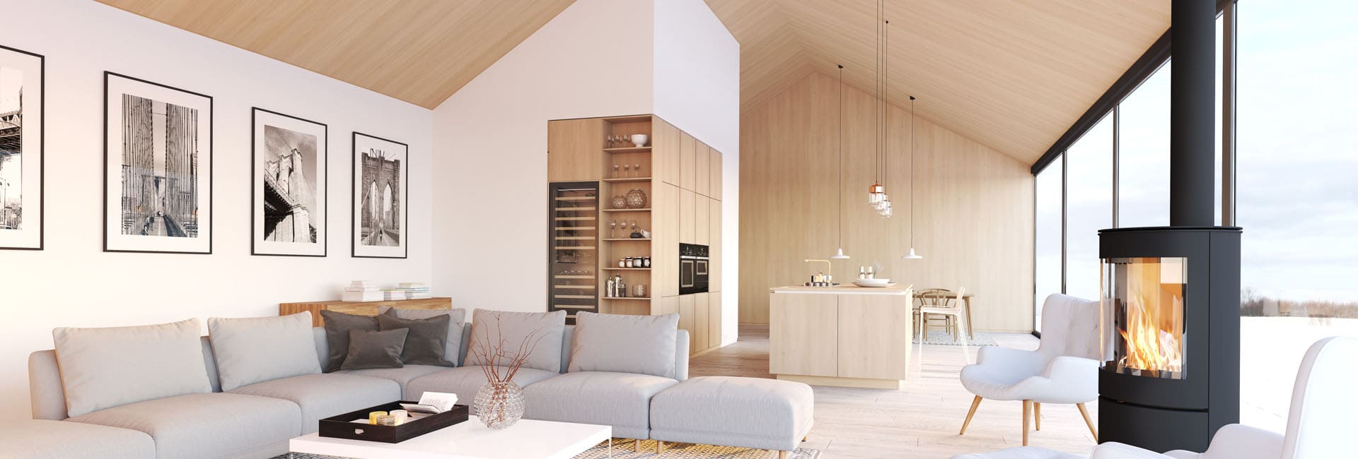 Moderner Wohnraum mit viel hellem Holz