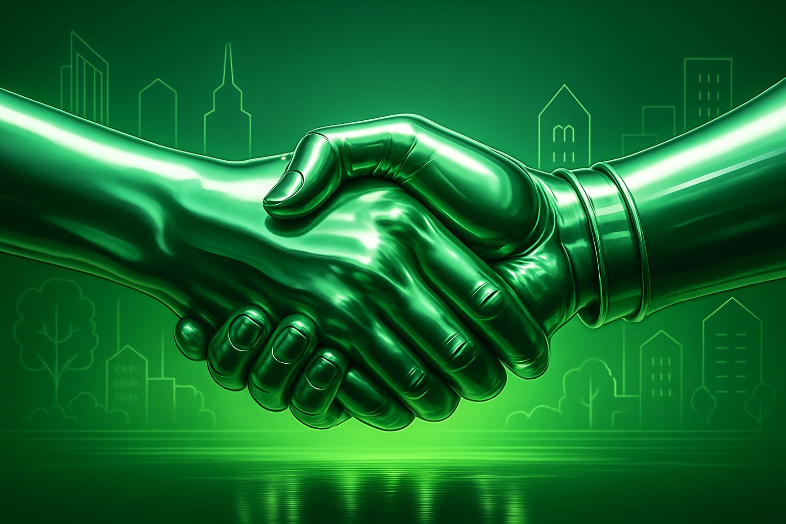 Handschlag vor animierter Skyline mit grünem Hintergrund