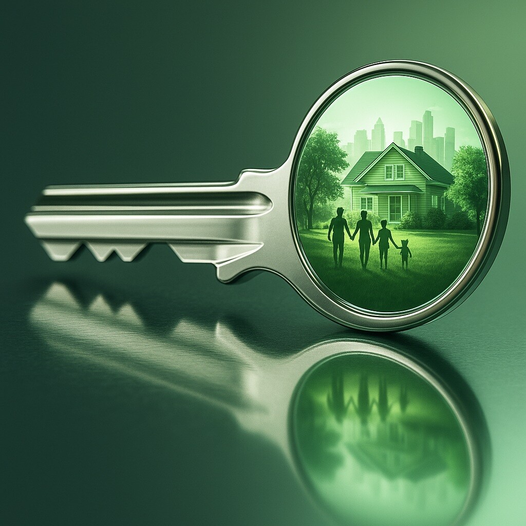 Schlüssel öffnet den Blick zu einer Familie vor einem Haus