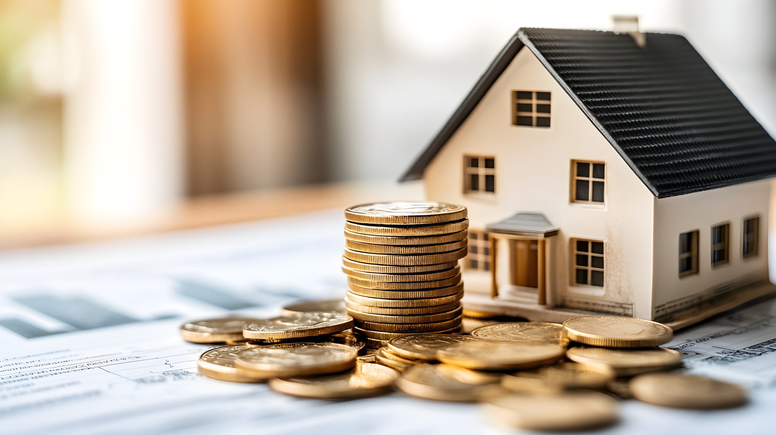 Immobilienfinanzierung: Ein Stapel goldener Münzen vor einem Modellhaus