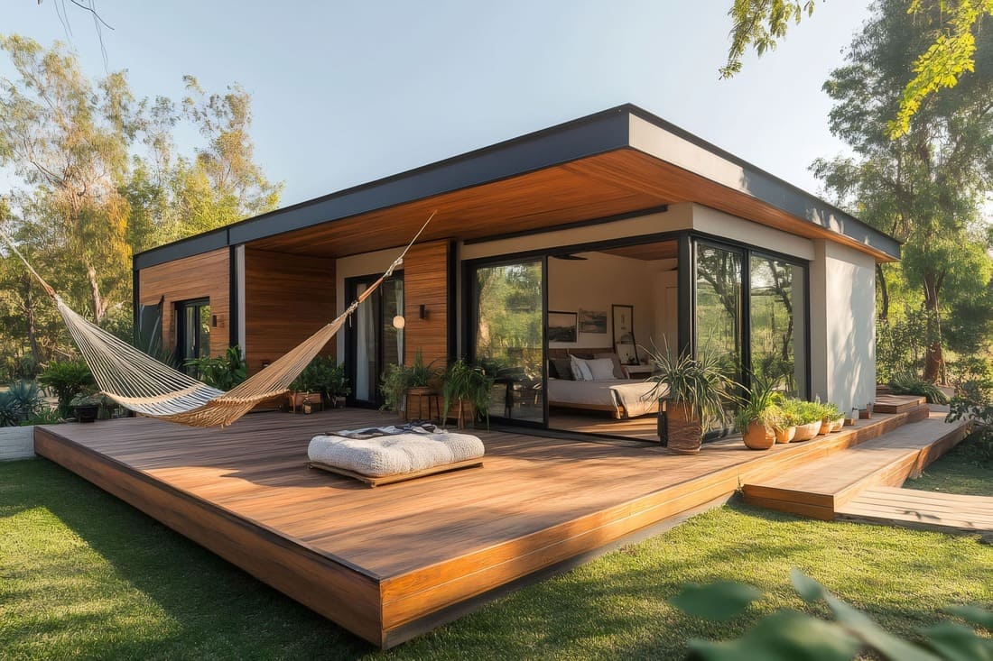 Ein moderner Bungalow mit Holzterrasse im Grünen