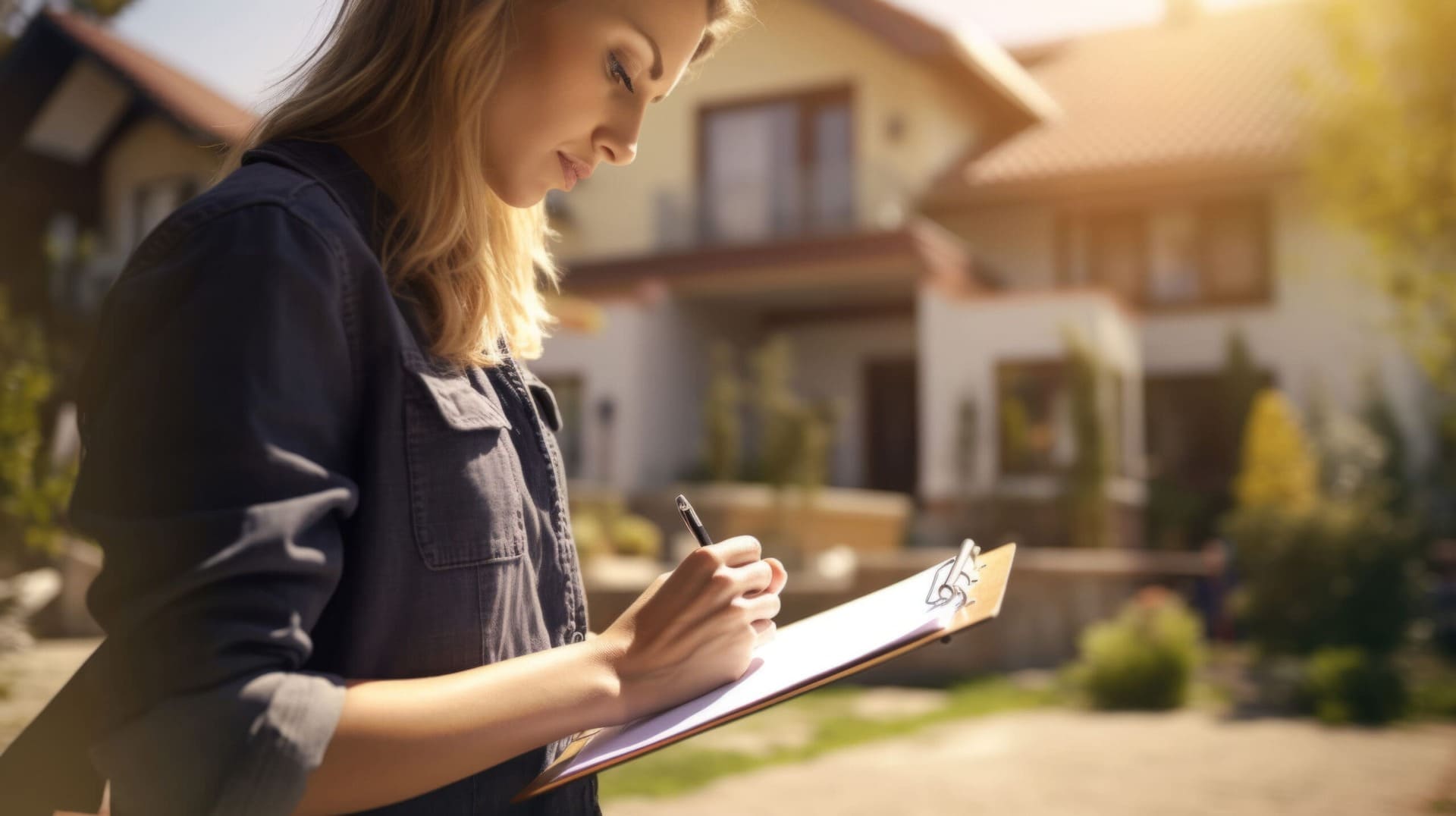 Immobilienbewertung vor Ort: Eine Frau überprüft mit einem Klemmbrett ein Wohnhaus.