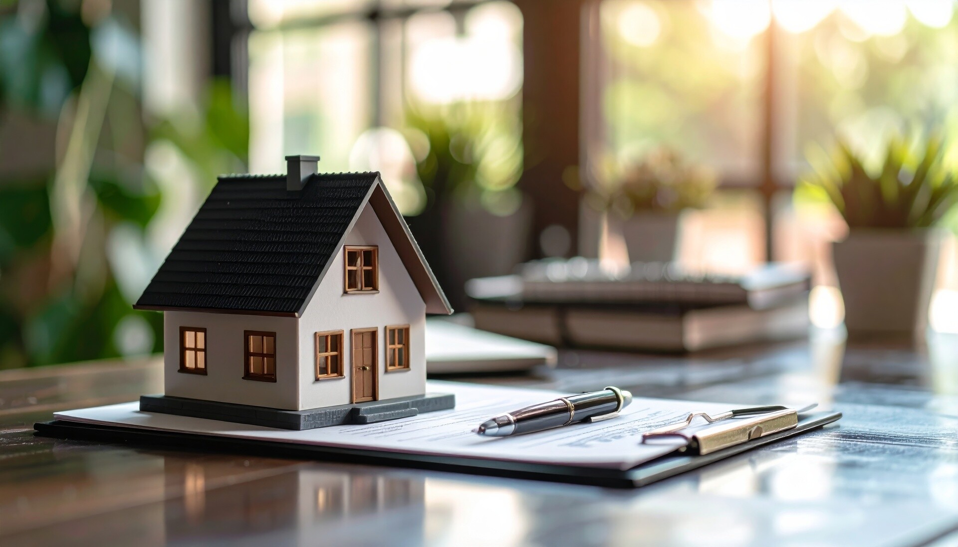 Hausmodell und Kugelschreiber auf Unterlagen