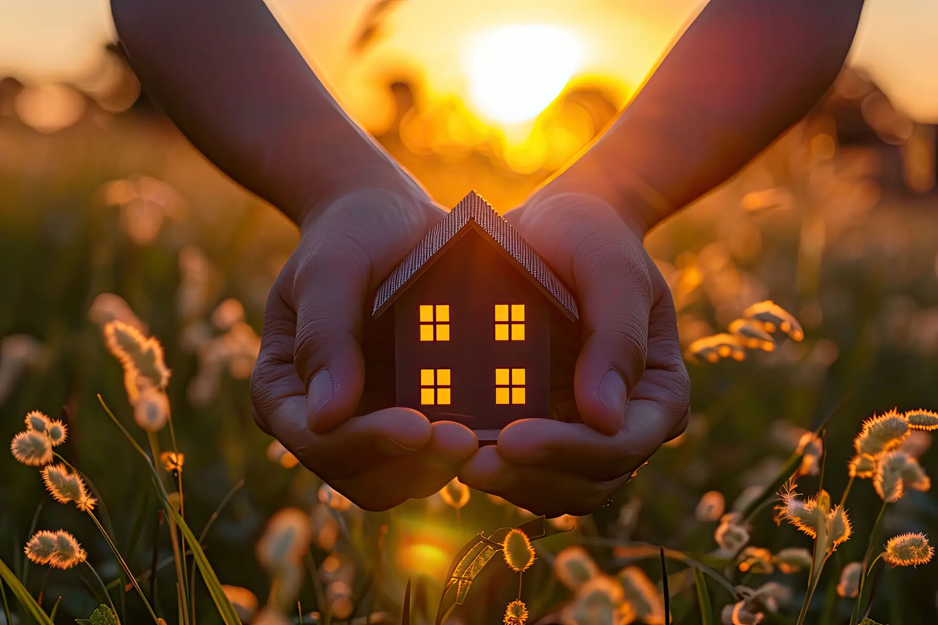 Hände halten ein Hausmodell im Sonnenuntergangsfeld, Fenster leuchten.