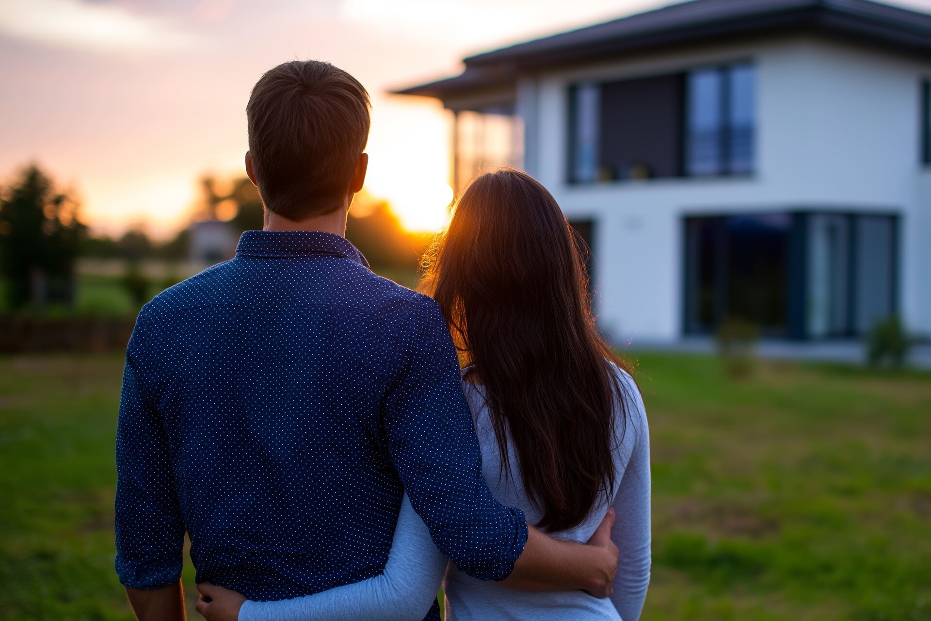 Paar steht Arm in Arm vor Einfamilienhaus bei Sonnenuntergang