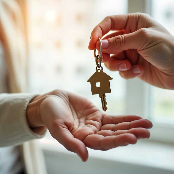 Frau bekommt beim Eigentumsübergang den Hausschlüssel überreicht