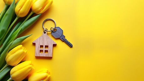 Gelber Hintergrund, darauf gelbe Tulpen und ein Schlüssel mit einem Haus-Anhänger