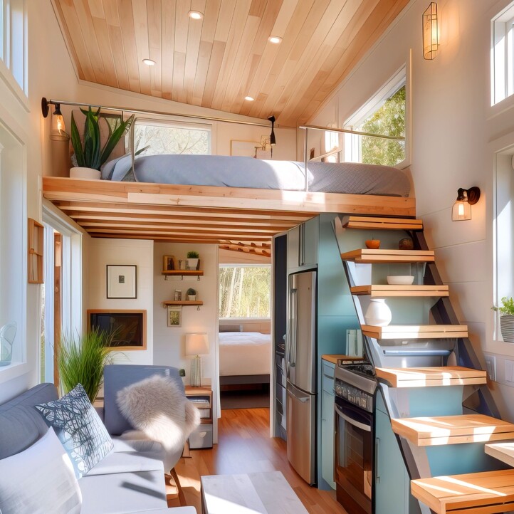 Innenansicht eines Tiny Houses, das geschmackvoll und effizient eingerichtet wurde