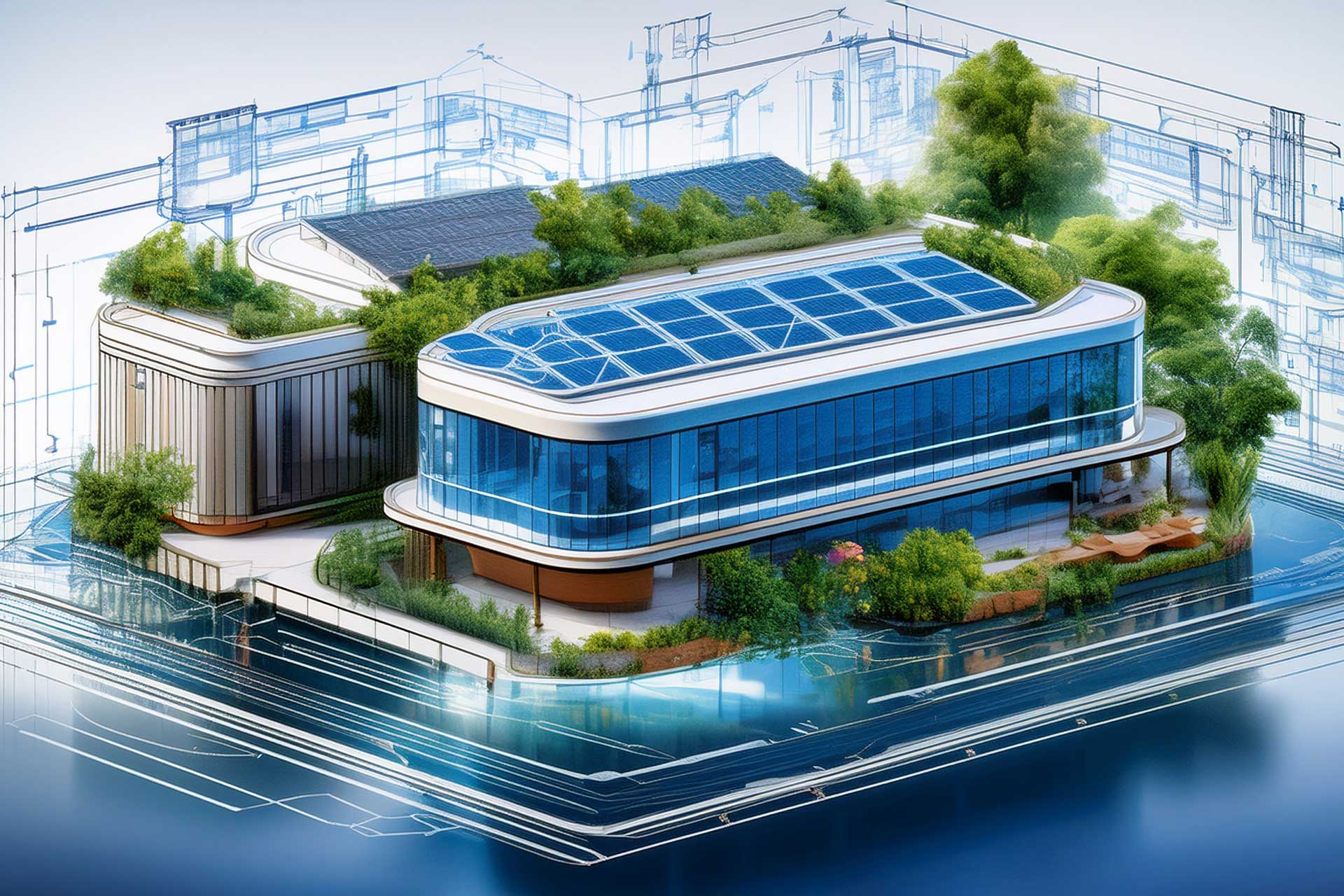 KI-generierte 3D-Visualisierung eines futuristischen, nachhaltigen Neubaus