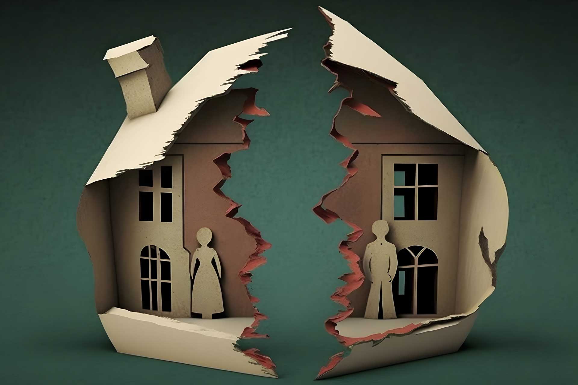 KI-generiertes Bild einer zerrissenen Immobilie, Symbol für Scheidungsimmobilien in Köln