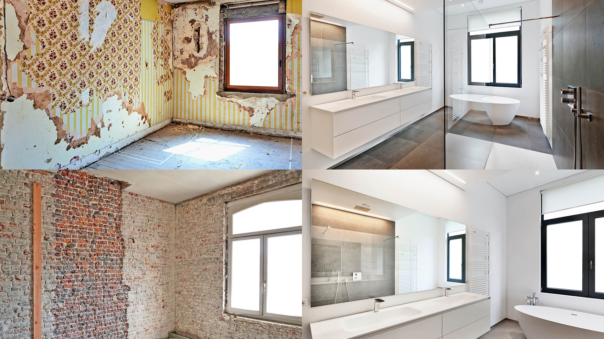 Zwei Bäder vor und nach der Renovierung: alter und moderner Stil.