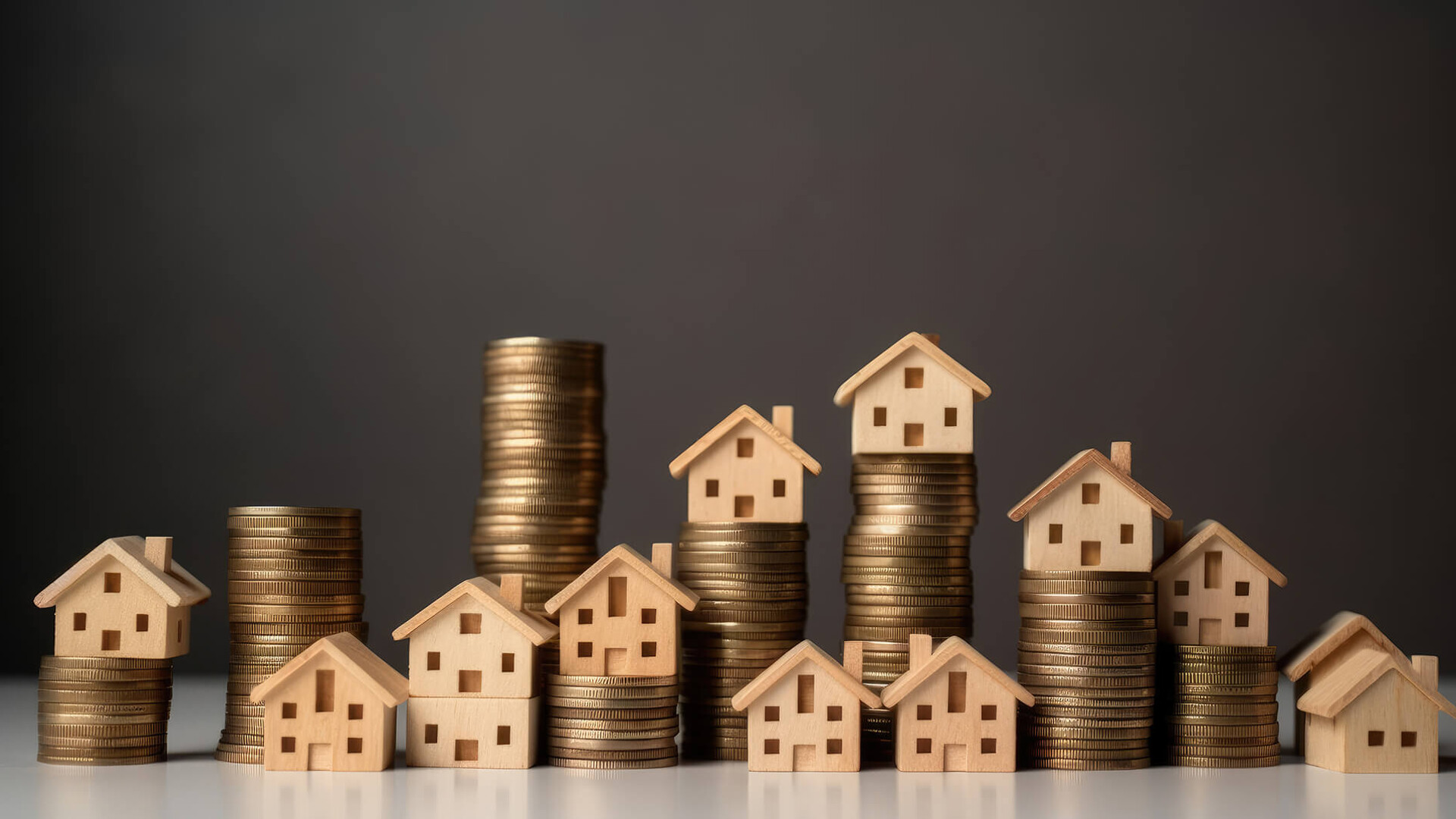 Münzstapel mit kleinen Holzhäusern als Symbol für Immobilien