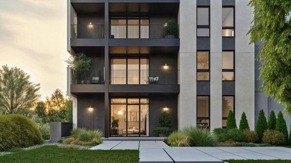 Mehrfamilienhaus mit Balkonen und Grünanlagen bei Sonnenuntergang