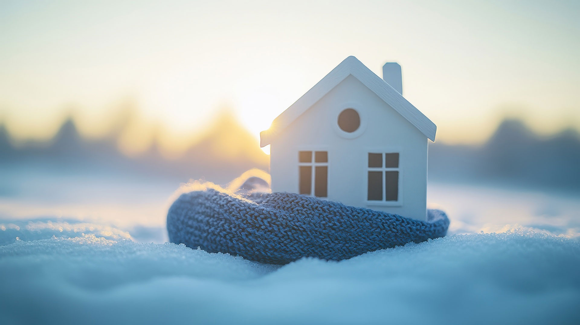 Hausmodell mit Schal im Schnee.