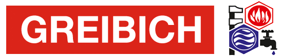 Rotes GREIBICH Logo mit Symbolen für Feuer und Wasser.