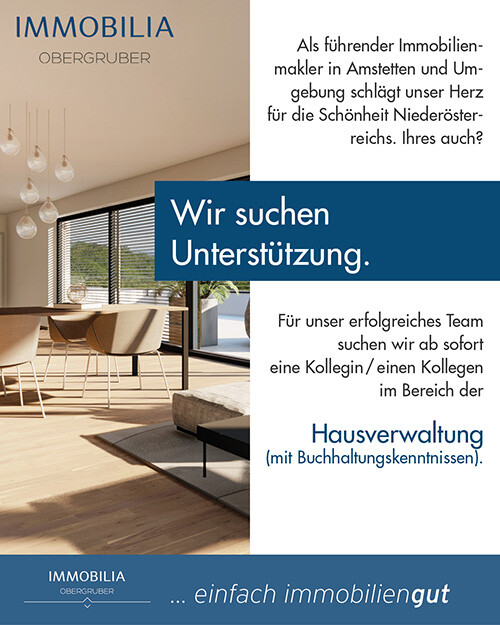 Grafik einer Stellenanzeige von Immobilia Obergruber im Bereich Hausverwaltung mit Wohnzimmer im Hintergrund