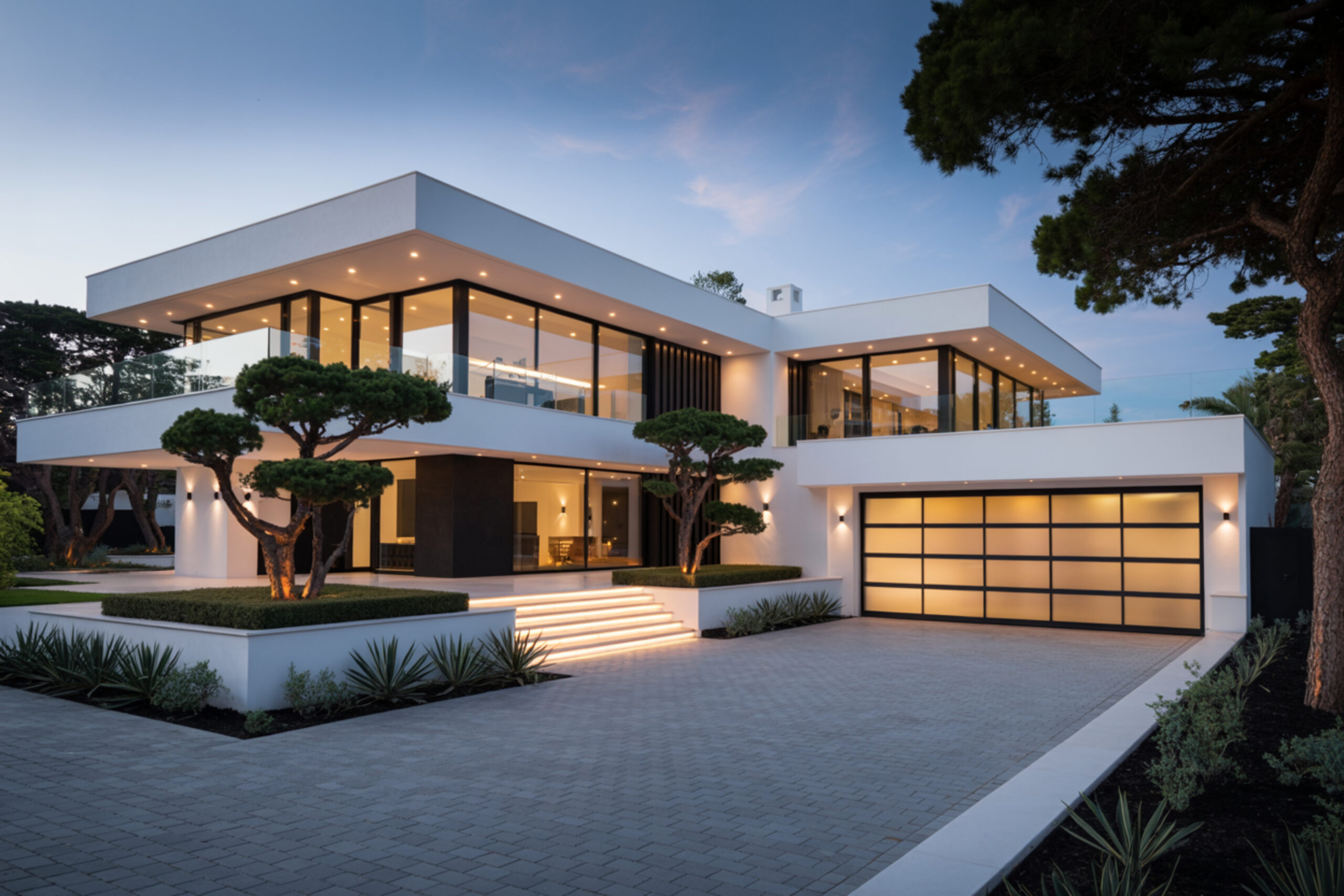 Modernes zweistöckiges Haus mit großen Fenstern und Abendbeleuchtung