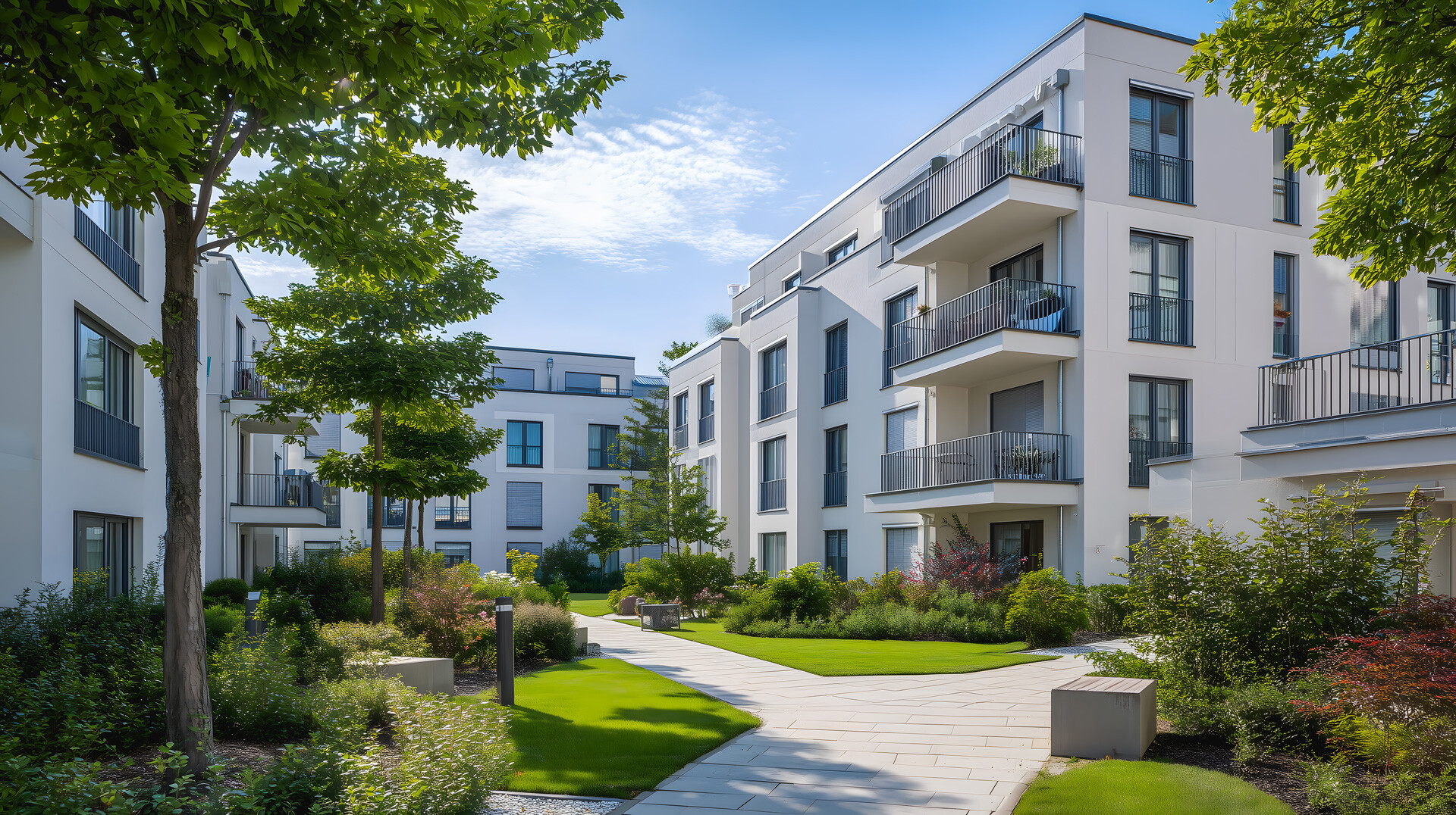 Wohnhäuser mit Balkonen, Garten und Weg bei blauem Himmel