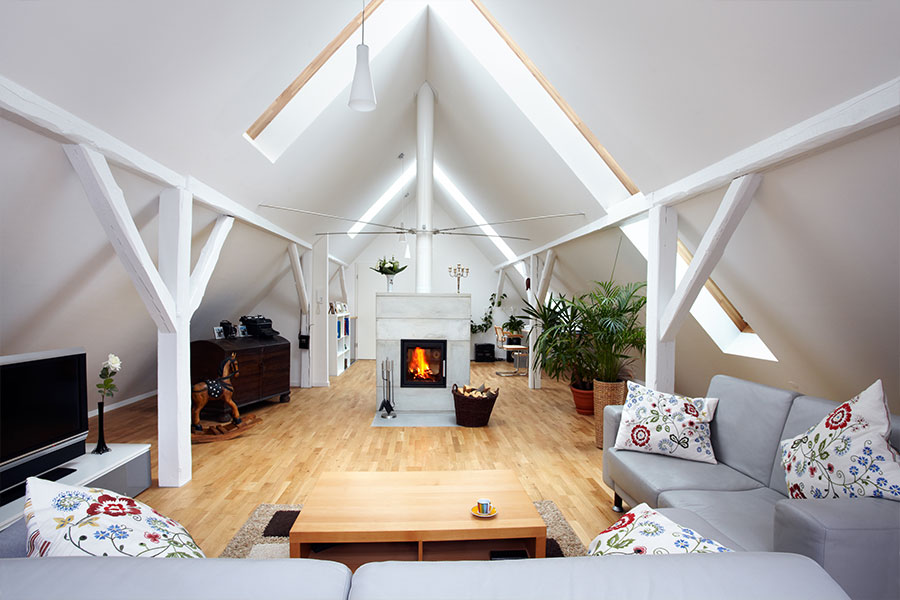 Dachwohnzimmer con Oberlichtern, Kamin, Möbeln moderni, Pflanzen.
