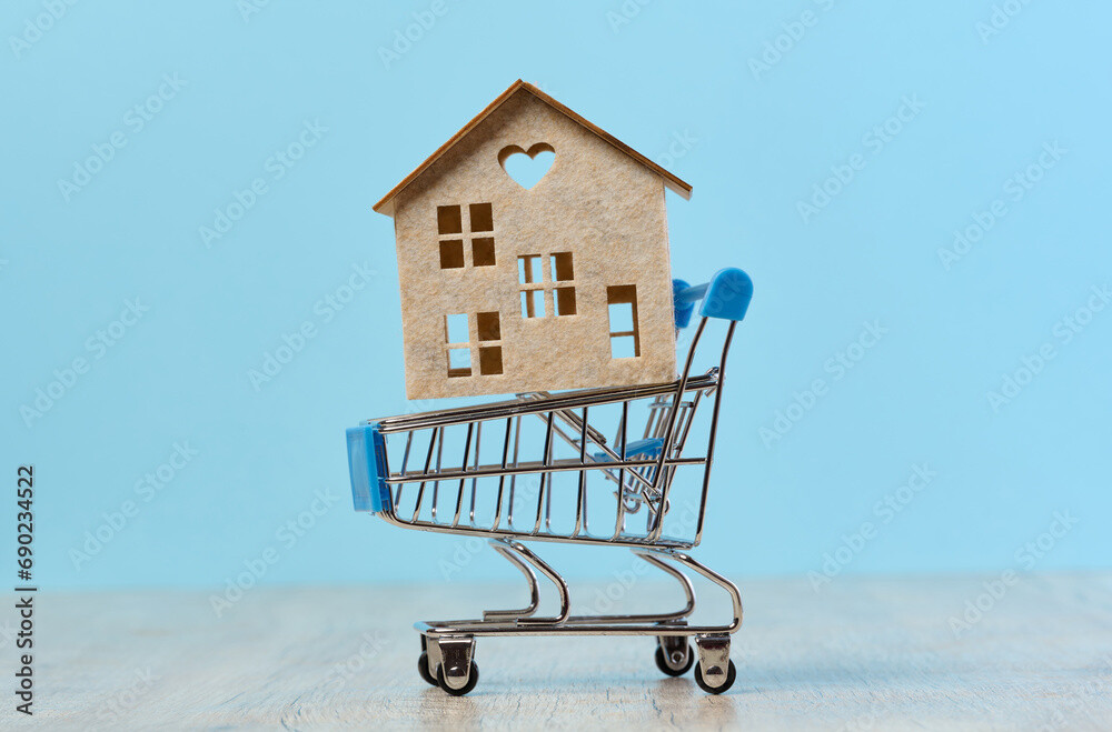 Mini-Holzhaus im Einkaufswagen vor blauem Hintergrund.