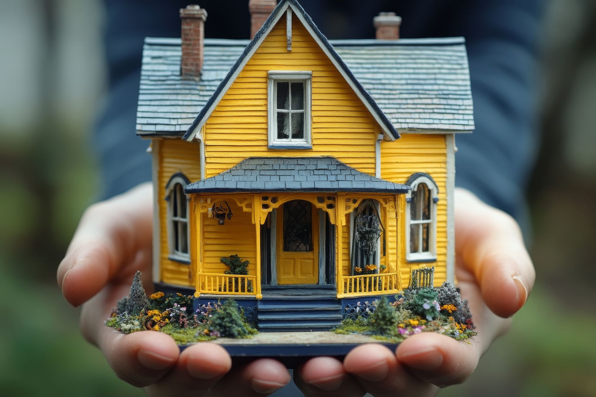 Hände halten ein gelbes Miniaturhaus mit Veranda und Garten.