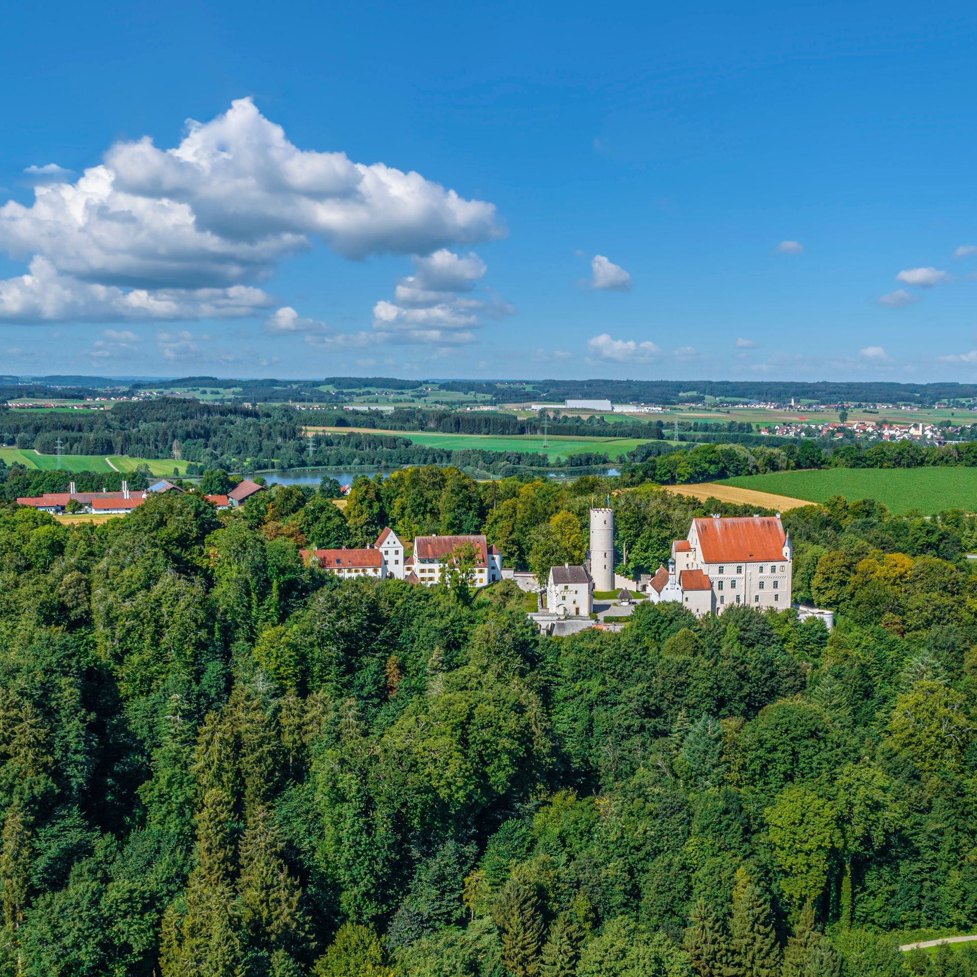 Weißes Schloss mit roten Dächern, umgeben von Wald und blauem Himmel.