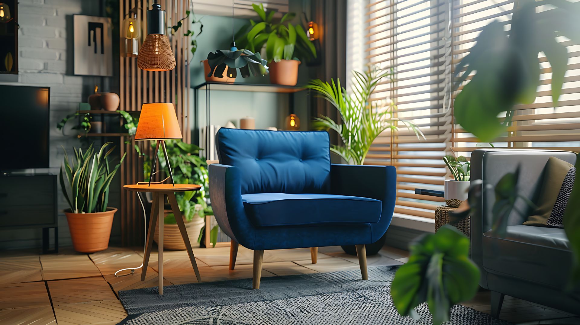 Gemütliches Wohnzimmer mit blauem Sessel, Pflanzen und Sonnenlicht.