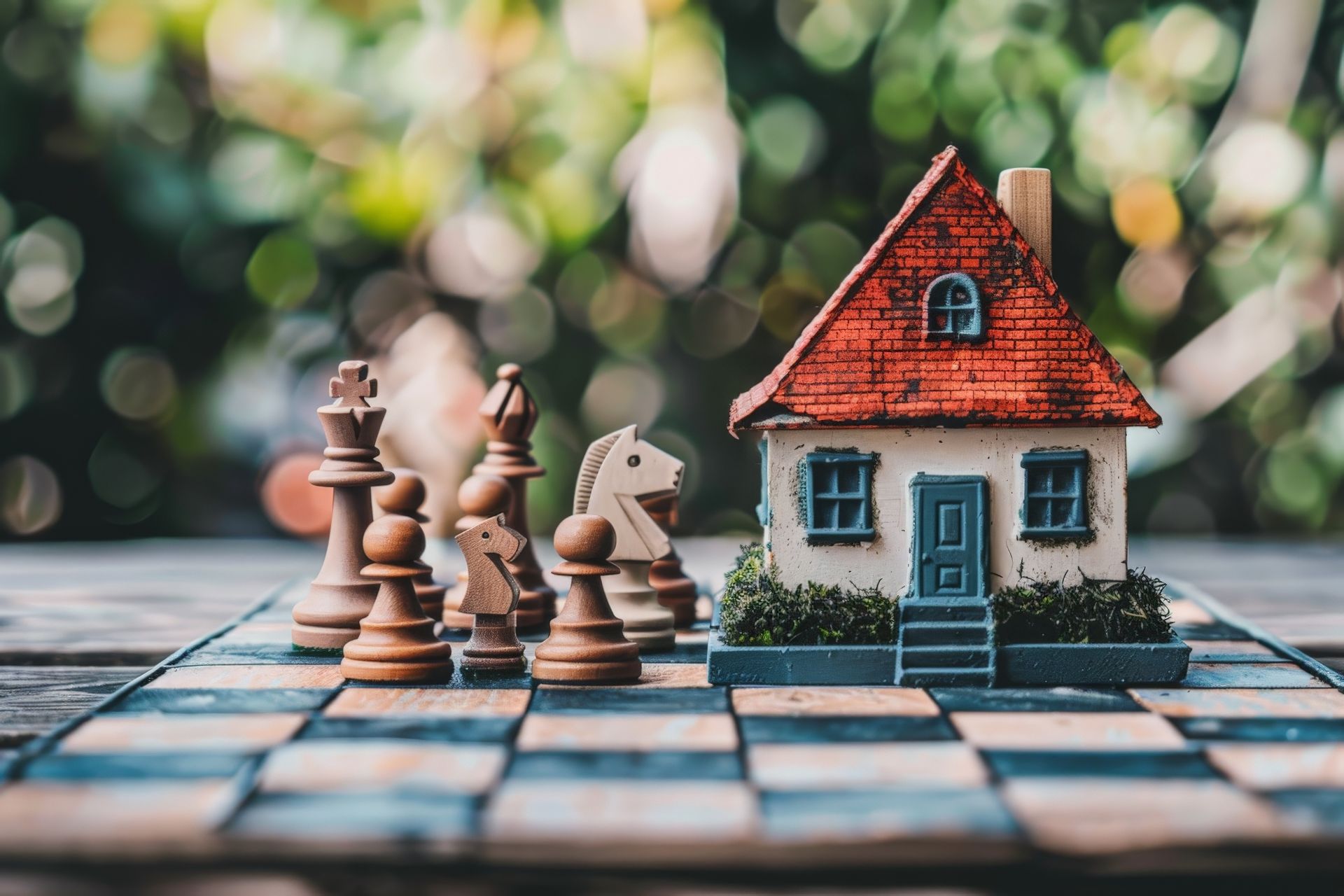 Schachfiguren und ein Modellhaus auf einem Schachbrett draußen.