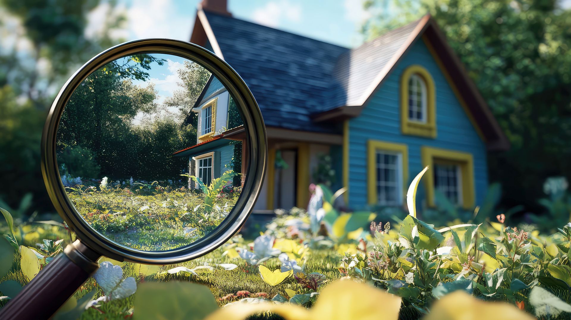 Lupe über Wildblumen vor blauem Haus mit gelbem Rahmen.