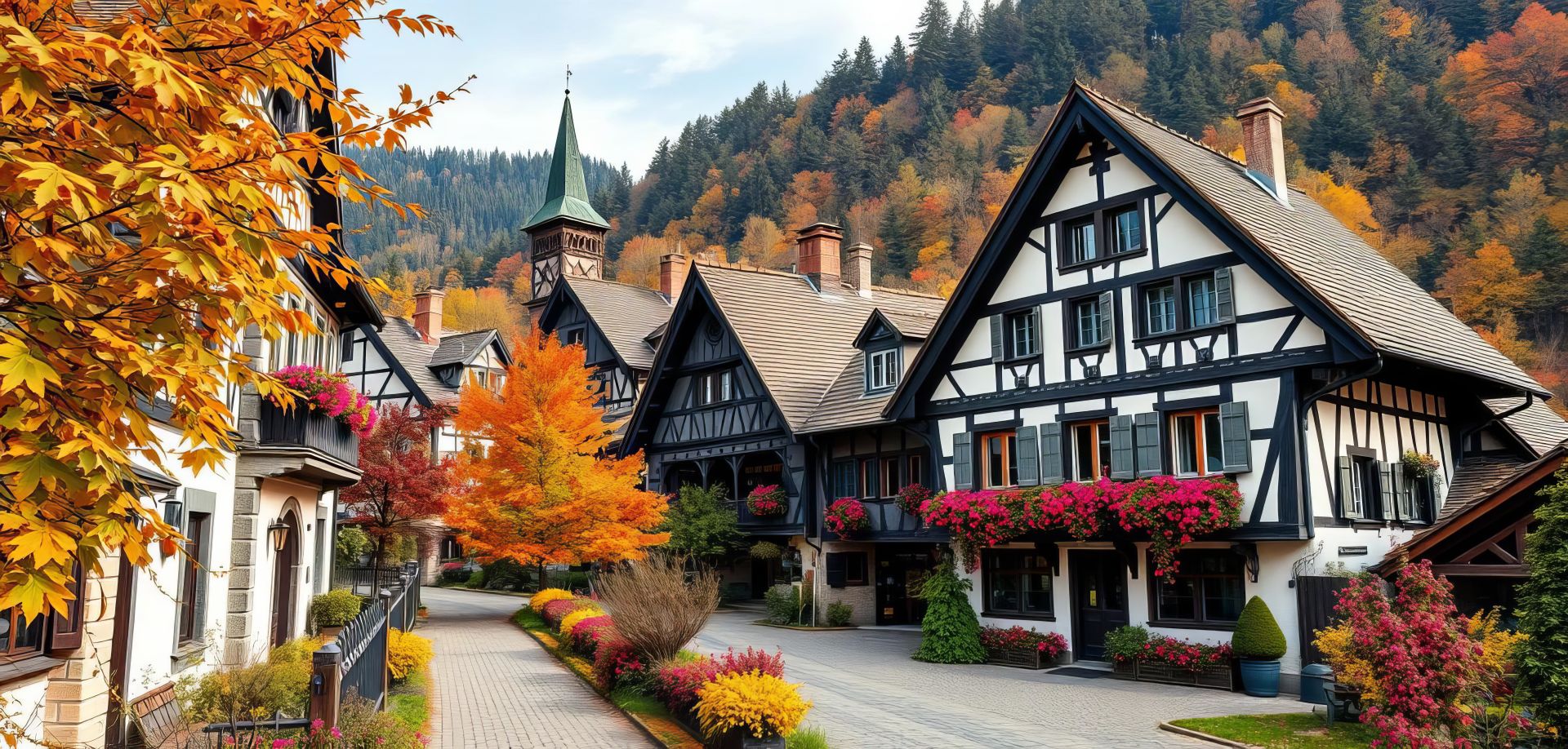 Dorfstraße mit Fachwerkhäusern, Herbstbäumen und Blumen.