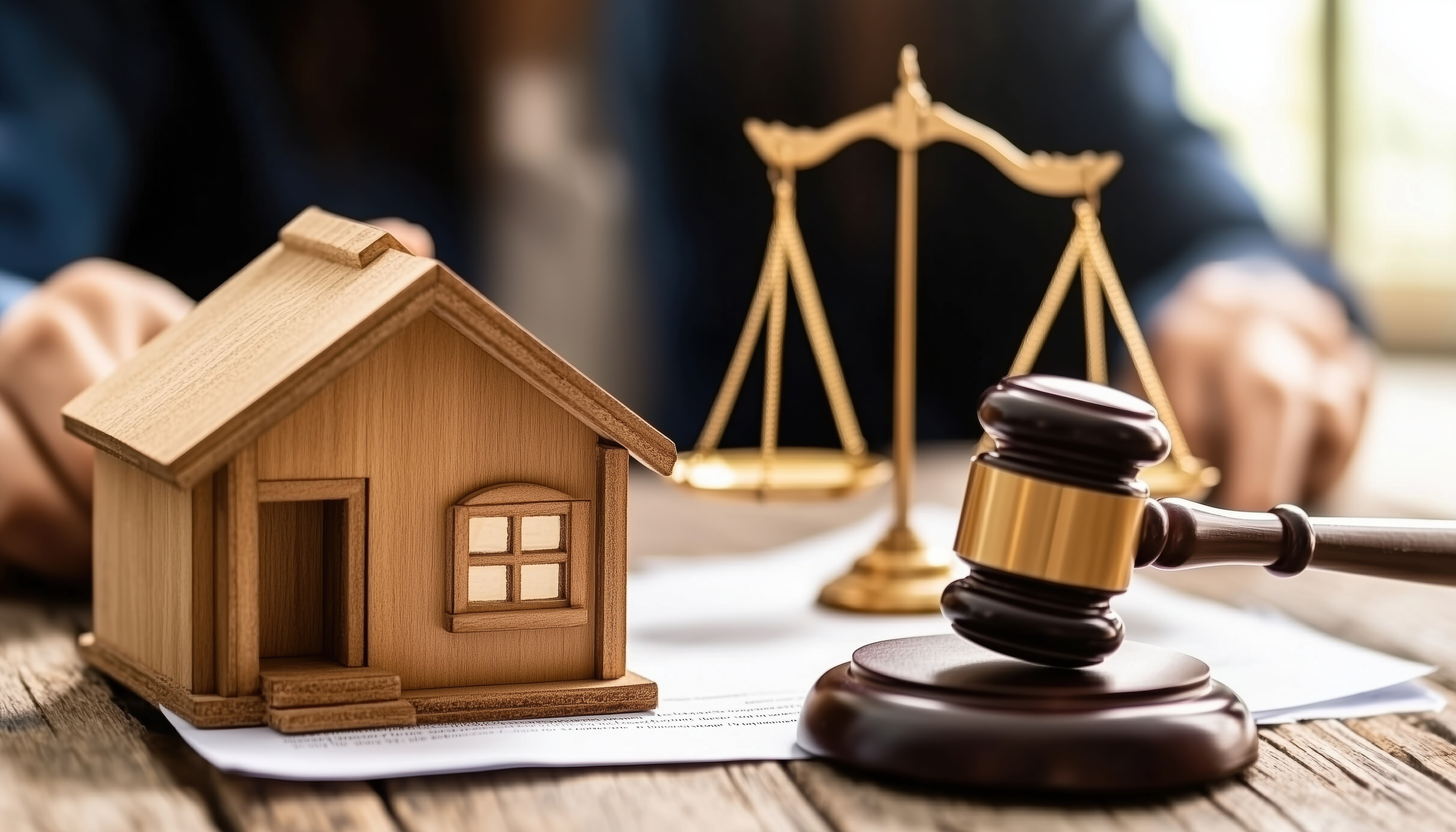 Holzhaus-Modell neben Richterhammer und Justitia-Waage.