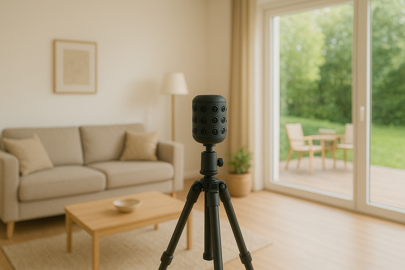 Schwarze 360°-Kamera auf Stativ in hellem Wohnzimmer mit Patio.