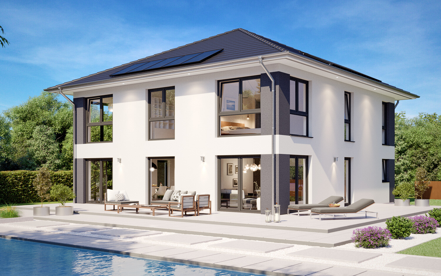 Modernes zweistöckiges Haus mit Pool, Sitzbereich und viel Grün.