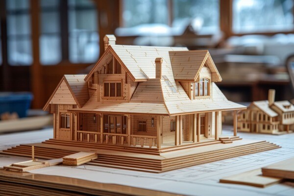 Holzmodell eines Hauses auf Bauplänen in hellem Raum.