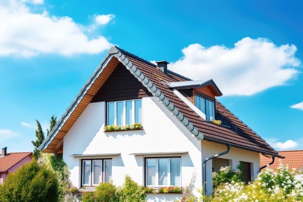 Weißes Haus mit braunem Dach, großen Fenstern und Garten unter blauem Himmel.