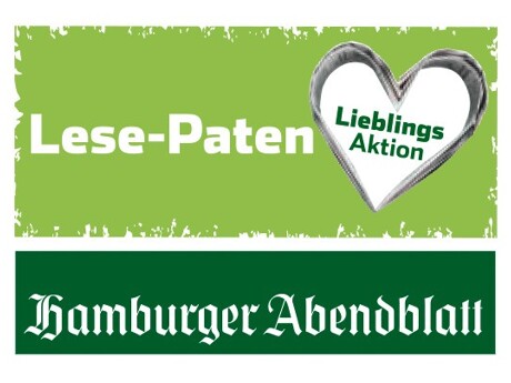 Logo der 'Lese-Paten Lieblings Aktion' mit grünem Hintergrund und Herzsymbol, darunter Schriftzug 'Hamburger Abendblatt' in weiß auf grünem Grund