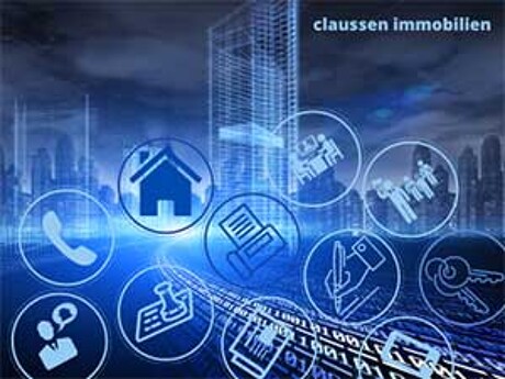 Digitale Symbole für Immobilien, Telefon, Dokumente und Schlüssel vor einer Stadt mit Hochhäusern, Text 'claussen immobilien'